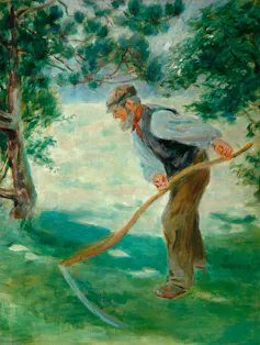 Painting of a man using a scythe to cut grass.