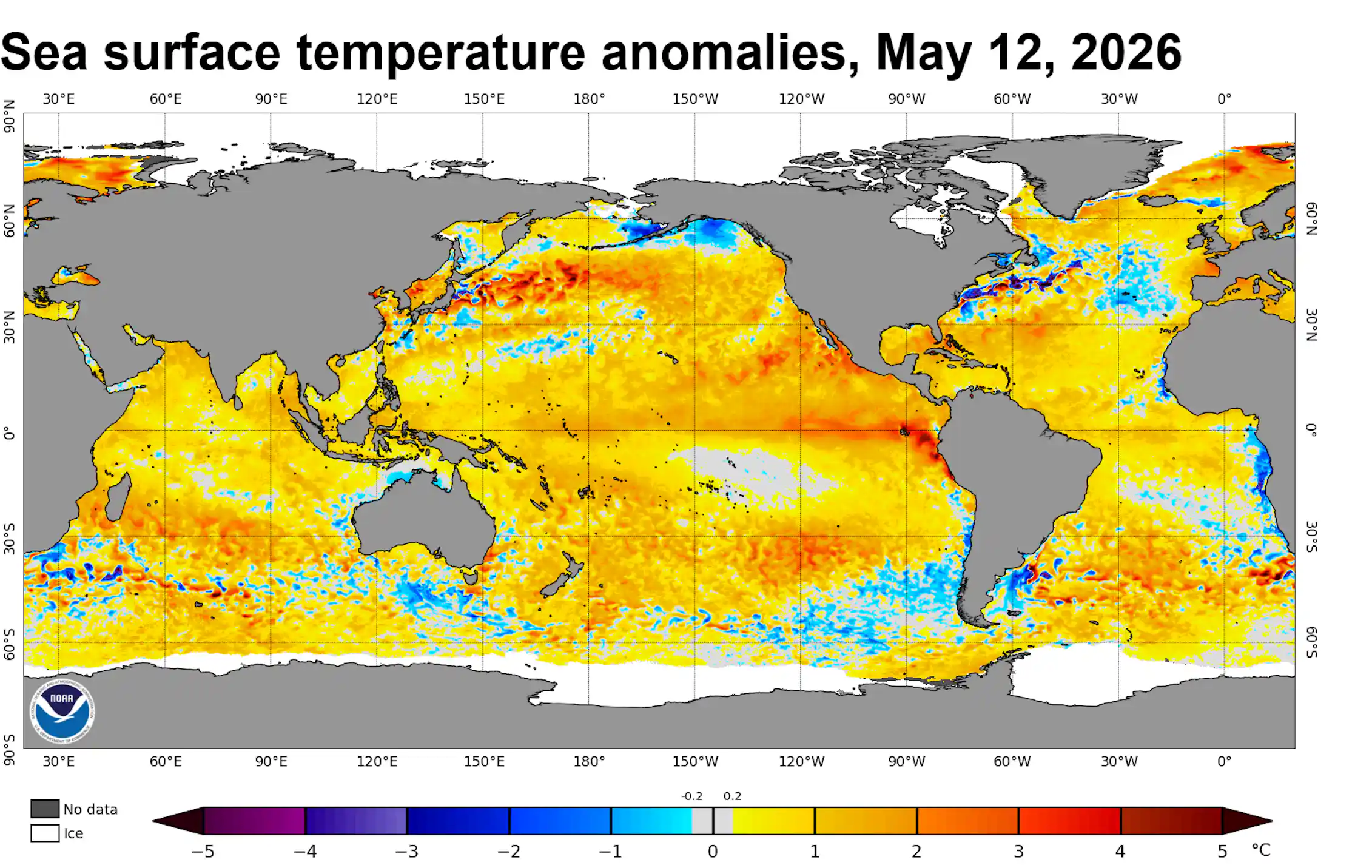A global map showing a streak of high ocean temperatures off South America in the Pacific along the Equator.