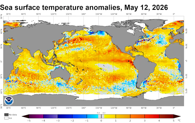 A global map showing a streak of high ocean temperatures off South America in the Pacific along the Equator.