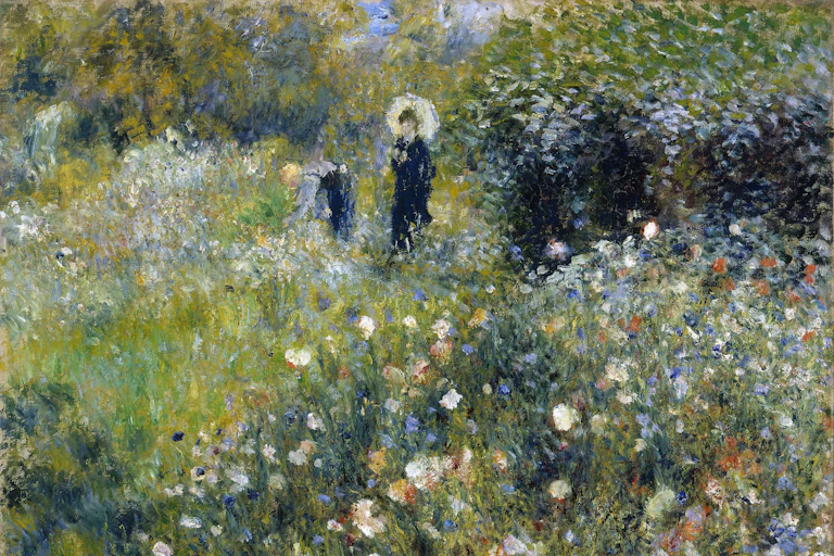 A woman strolls through a sunlit garden holding a parasol, surrounded by lush greenery in Woman with a Parasol in a Garden by Pierre-Auguste Renoir.