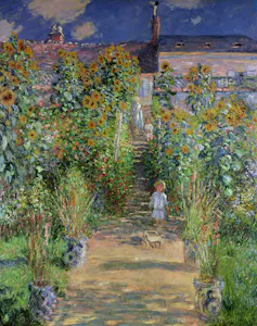 A vibrant garden path overflowing with colorful flowers leads toward a sunlit house, painted with lively brushstrokes in The Artist's Garden at Vétheuil by Claude Monet.