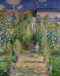 A vibrant garden path overflowing with colorful flowers leads toward a sunlit house, painted with lively brushstrokes in The Artist's Garden at Vétheuil by Claude Monet.