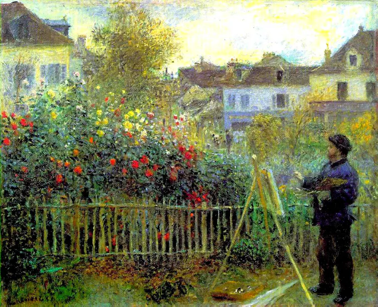 Claude Monet paints outdoors in a lush garden surrounded by sunlit foliage in Monet Painting in His Garden by Pierre-Auguste Renoir.