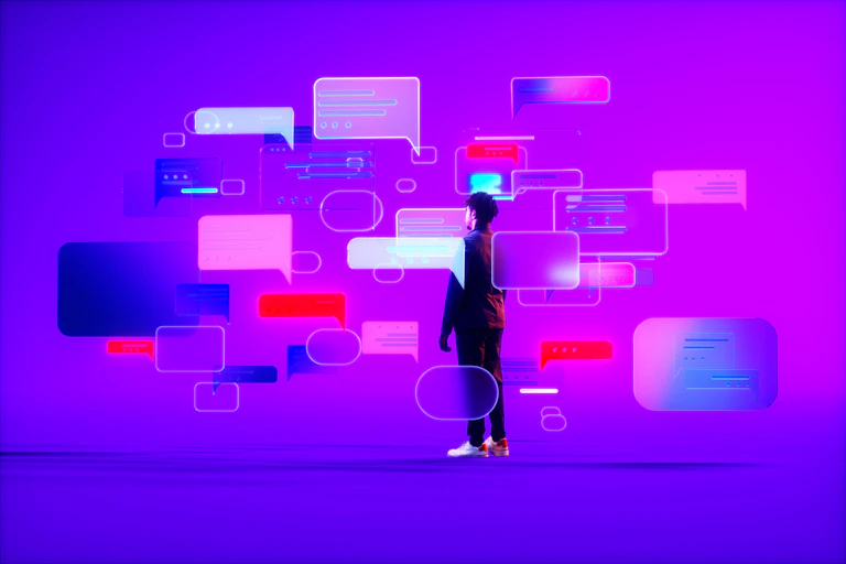 Person standing amid an array of glowing text bubbles, back to camera, against a neon magenta background