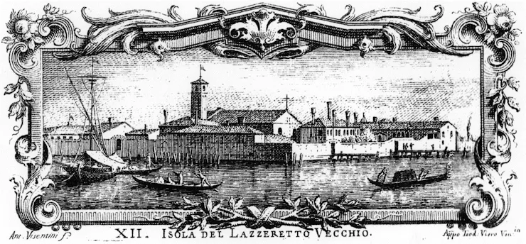 A black and white historical illustration of an island,