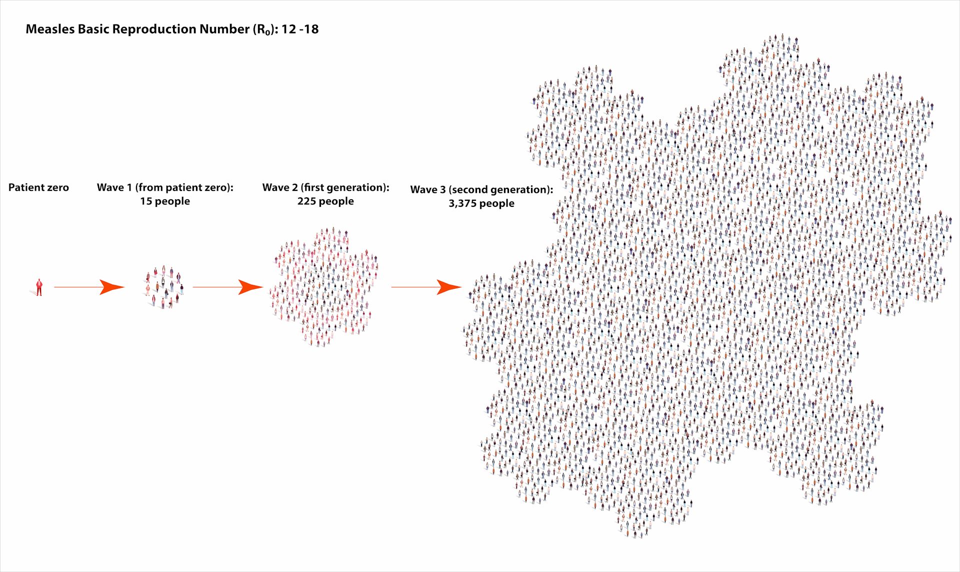 An illustration showing spread of measles from an individual to large number of affected people