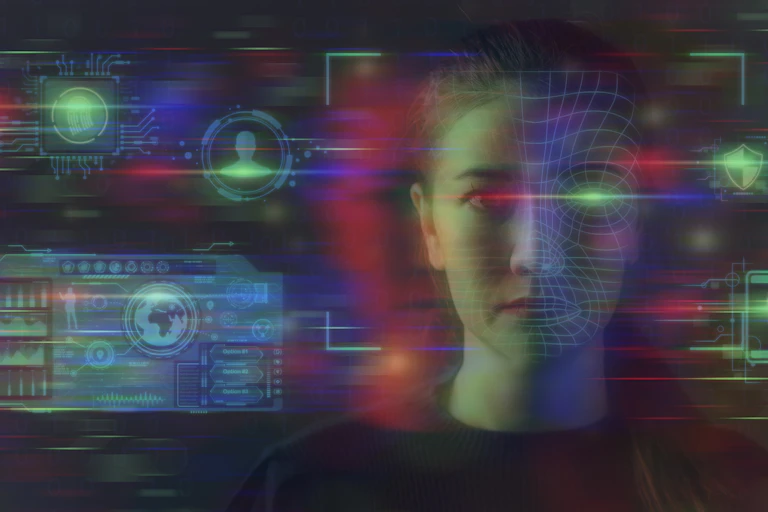 A concept image to illustrate deepfakes, showing a face covered in lines and dots