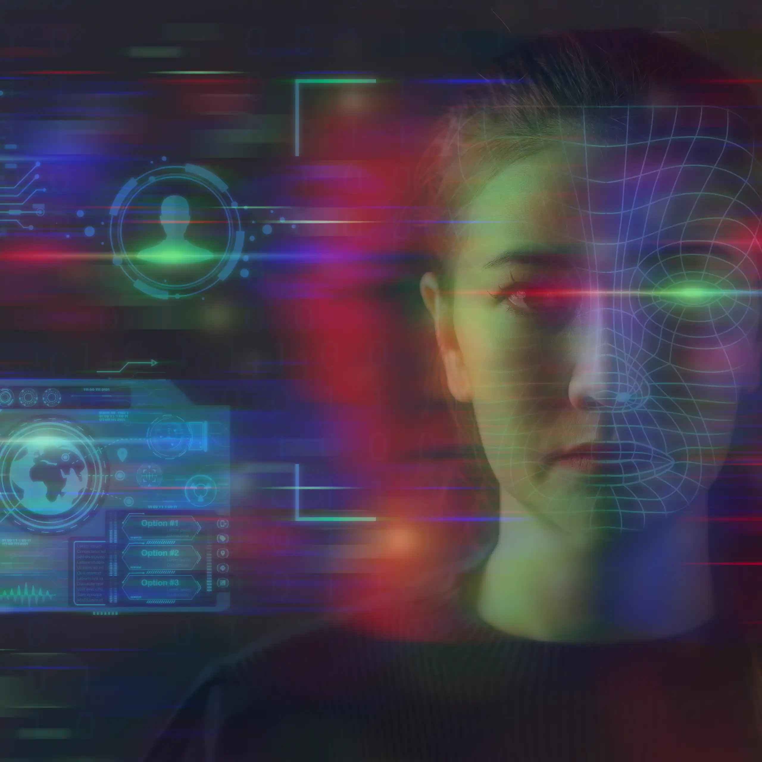 A concept image to illustrate deepfakes, showing a face covered in lines and dots