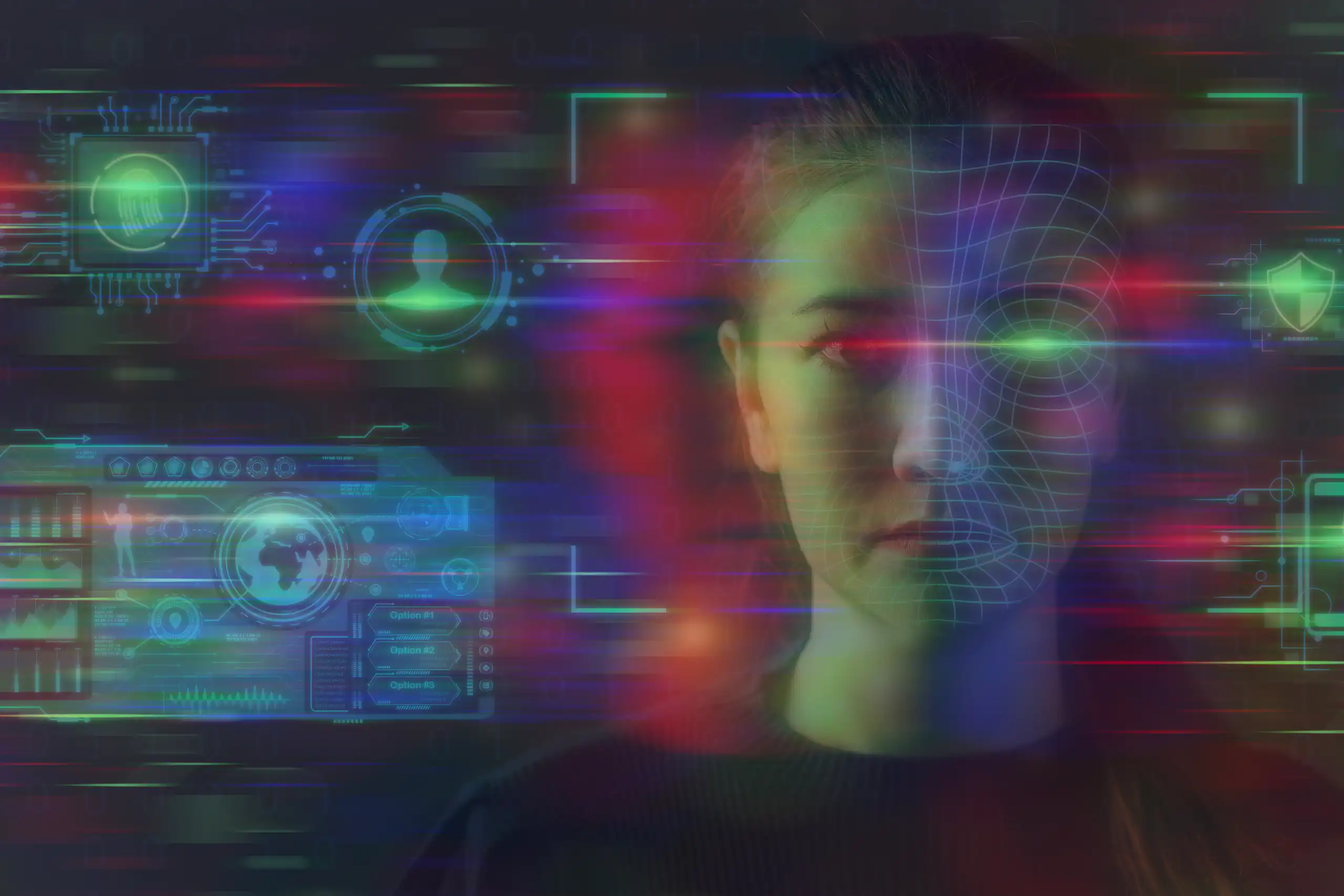 A concept image to illustrate deepfakes, showing a face covered in lines and dots