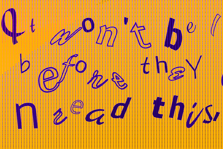 Jumbled purple letters against a yellow background.