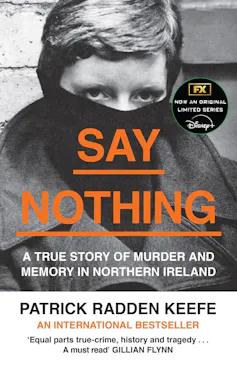 book cover - Say Nothing - a man's face half hidden in a sweatshirt