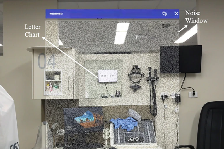 Optometry room with visual static superimposed over part of the image