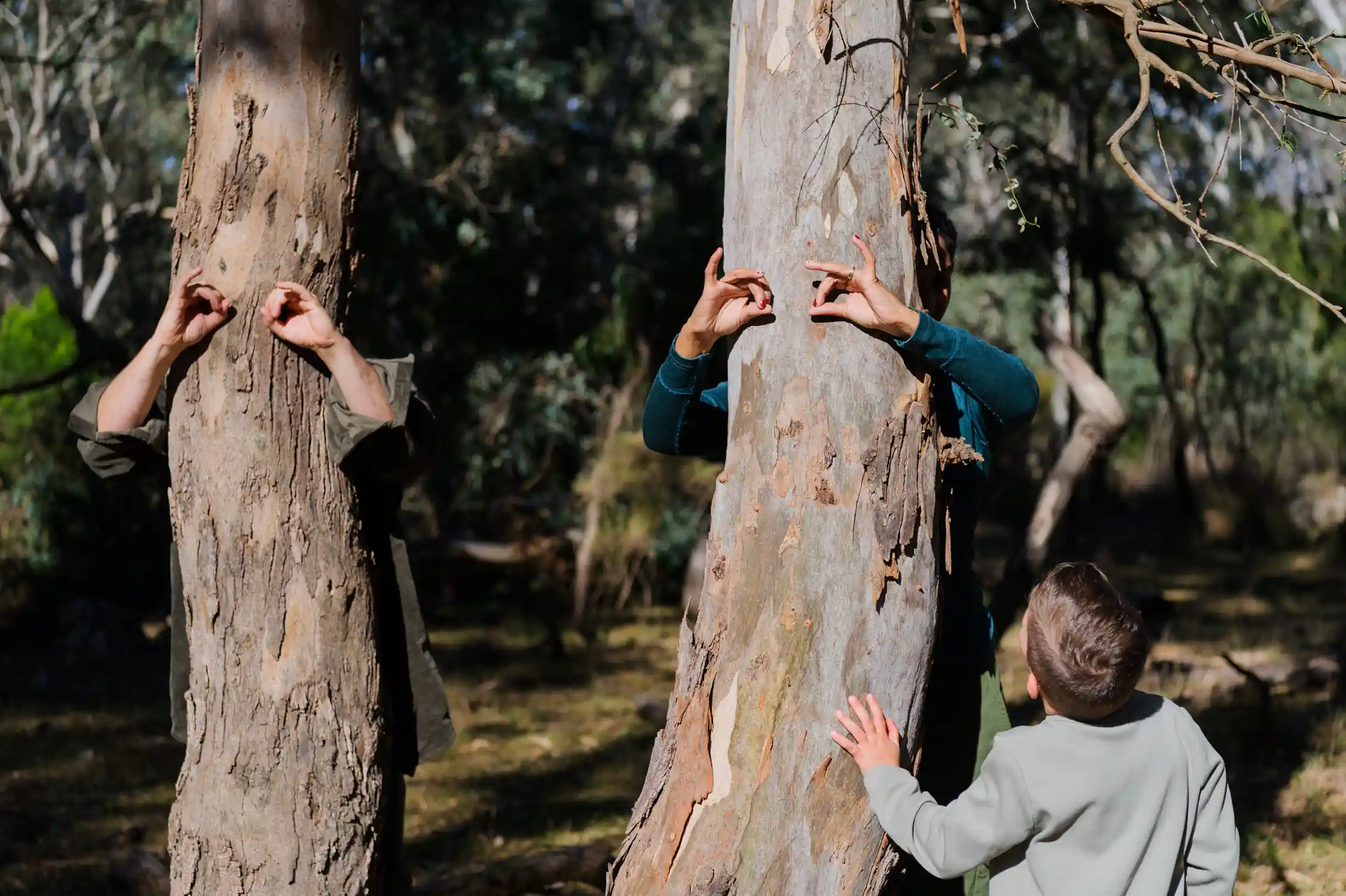 Children stand behind trees and make eyes with their hands.