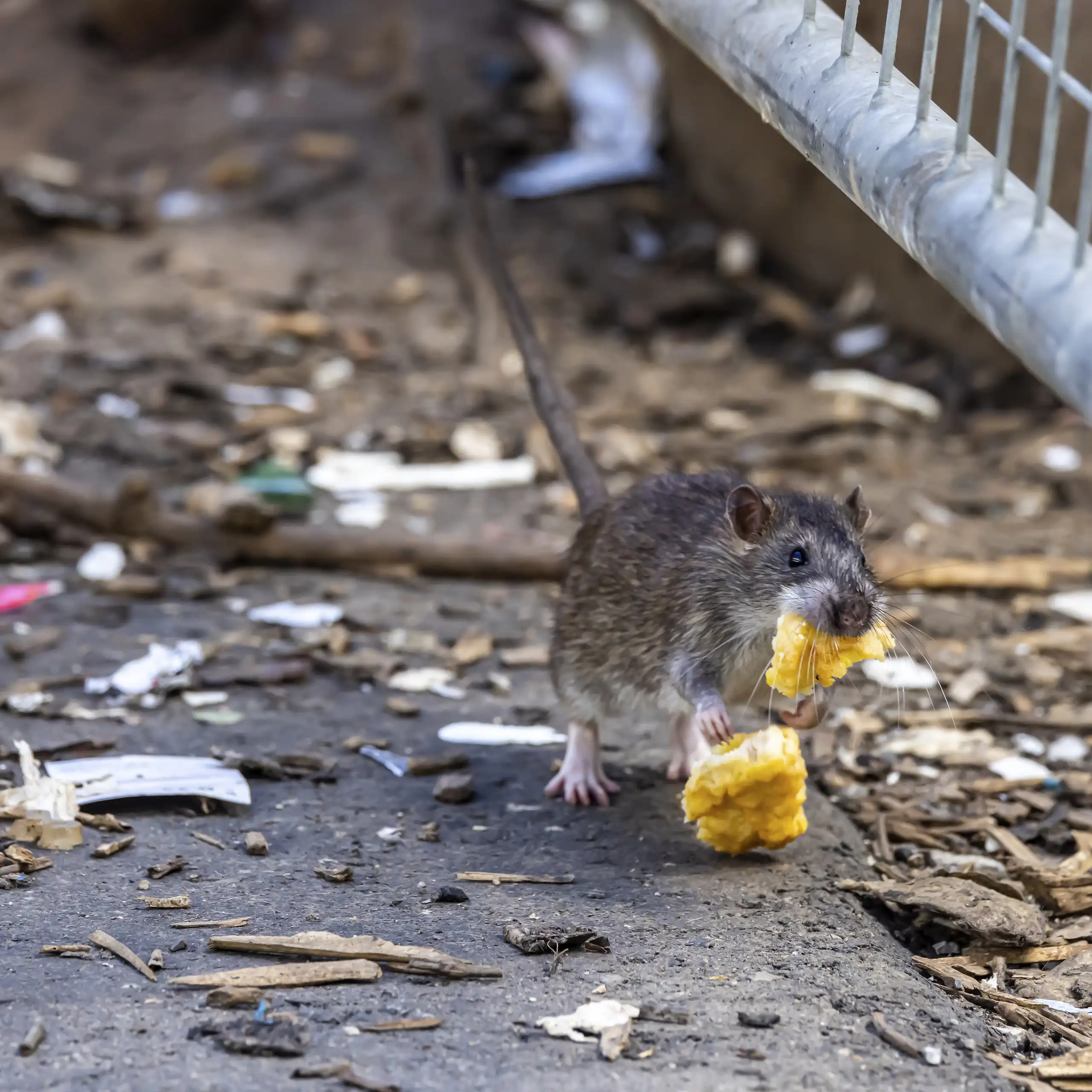 A rat in eating some food on what appears to be a dirty pavement