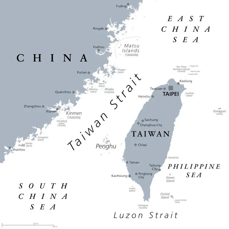 A map of Taiwan, off the coast of China.