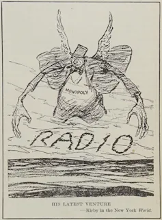 A drawing of a sinister-looking man smoking a cigar and wearing a top hat looms over the word 'RADIO.'