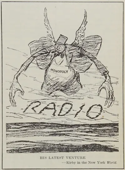 A drawing of a sinister-looking man smoking a cigar and wearing a top hat looms over the word 'RADIO.'