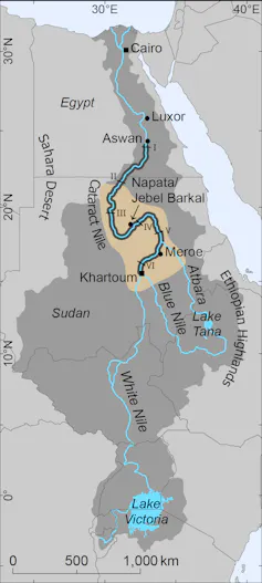 Cómo el cambiante paisaje del Nilo dio forma al surgimiento del antiguo Imperio Kush en Sudán 1 Mapa del noreste de África que muestra la ruta del río Nilo