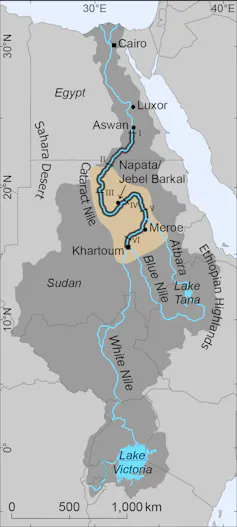 Map of northeastern Africa showing the path of the Nile River