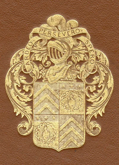 A brown manuscript cover featuring a gold coat of arms with a knight's helmet and shield.
