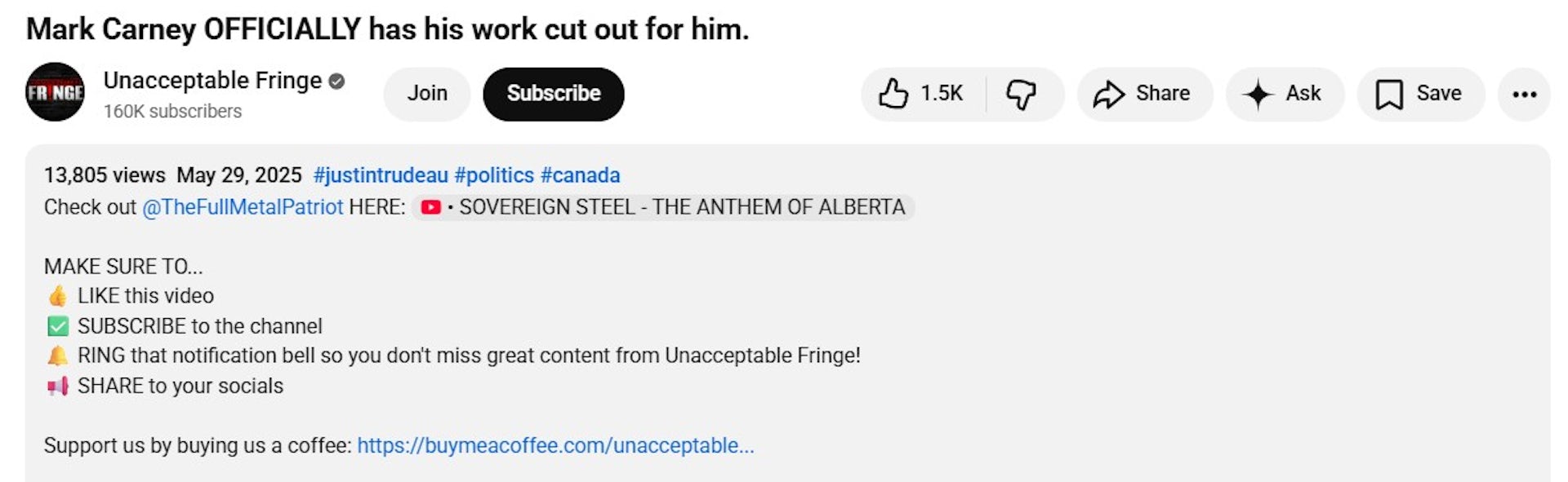Captura de pantalla del canal de YouTube Borde inaceptable que incluye las palabras echa un vistazo a 'Sovereign Steel'