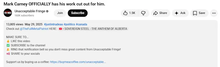 Cómo los himnos musicales generados por IA apoyan el separatismo de Alberta 1 Captura de pantalla del canal de YouTube Borde inaceptable que incluye las palabras echa un vistazo a 'Sovereign Steel'