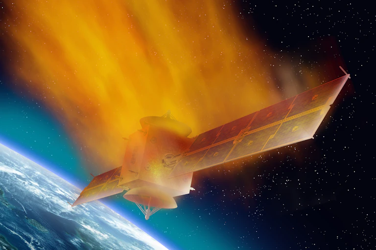 Uma ilustração mostra um satélite se desintegrando ao se aproximar da Terra.