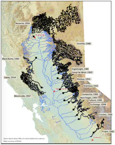La pesquería de salmón de California está reabriendo después de que una caída demográfica provocara un cierre de tres años, pero eso no significa que todo esté bien 6 El mapa muestra cuántos ríos ya no son fácilmente accesibles para el salmón, en todo caso.