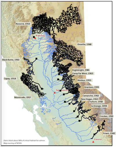 A map shows how many rivers are no longer easily reached by salmon, if at all.