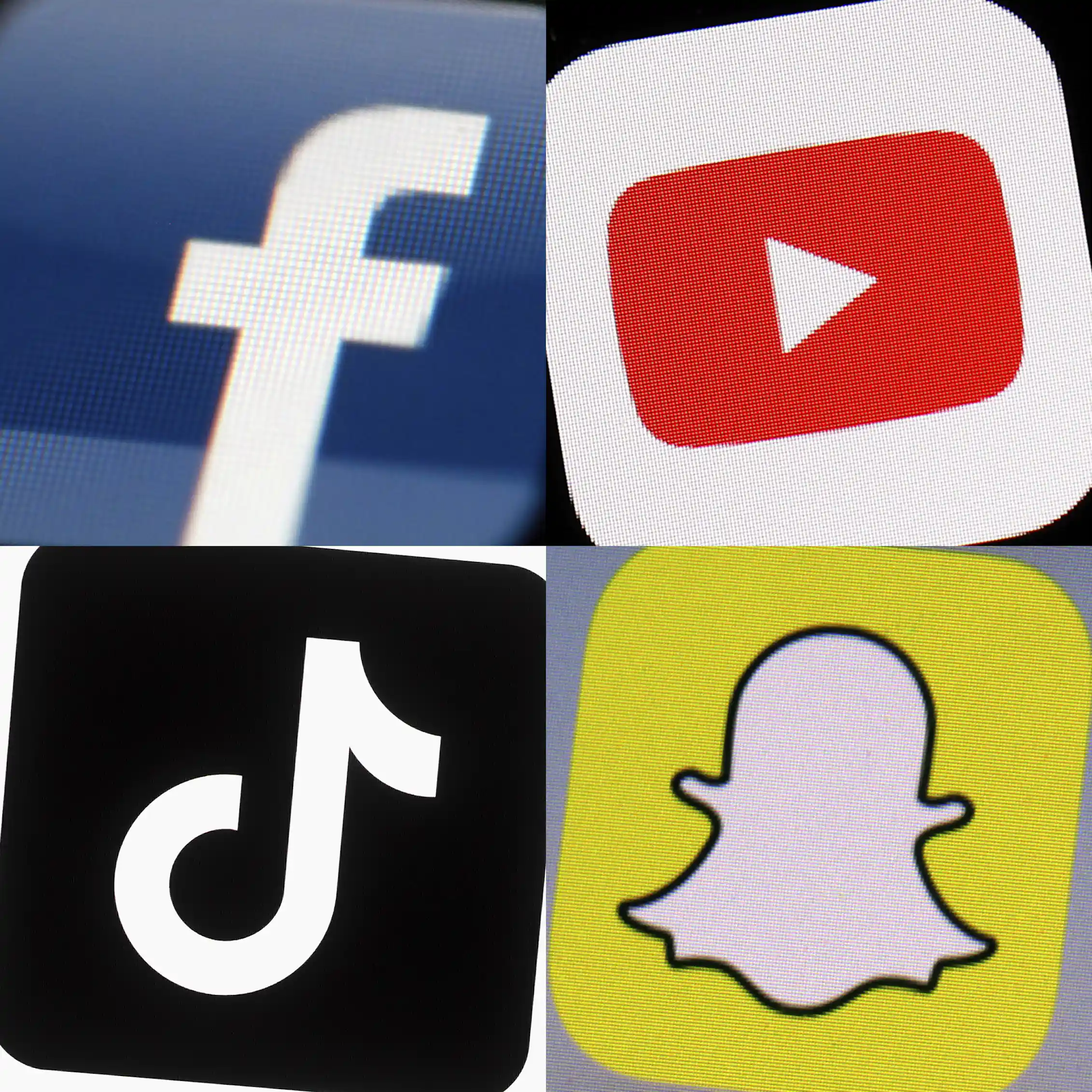 the logos of Facebook, YouTube, TikTok and Snapchat