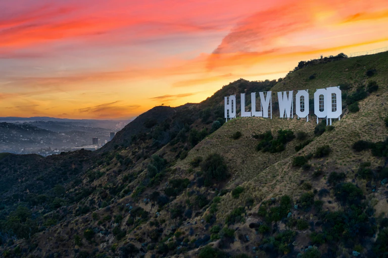 Photo of the Hollywood sign during sunset.