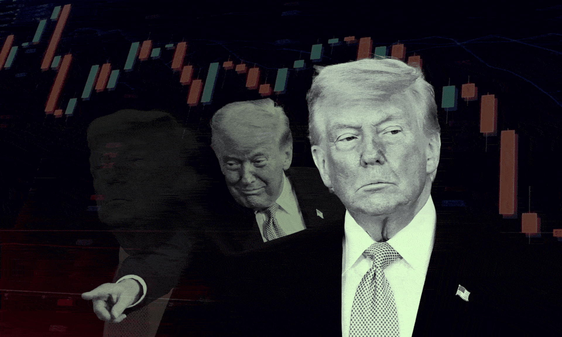 Trump's face in front of a stock market ticker chart