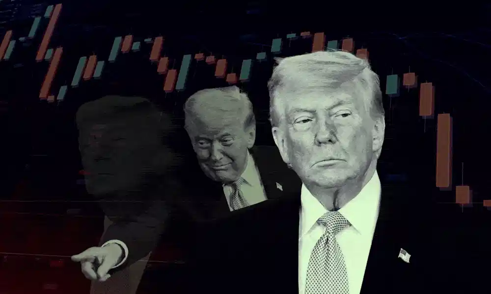 Trump's face in front of a stock market ticker chart