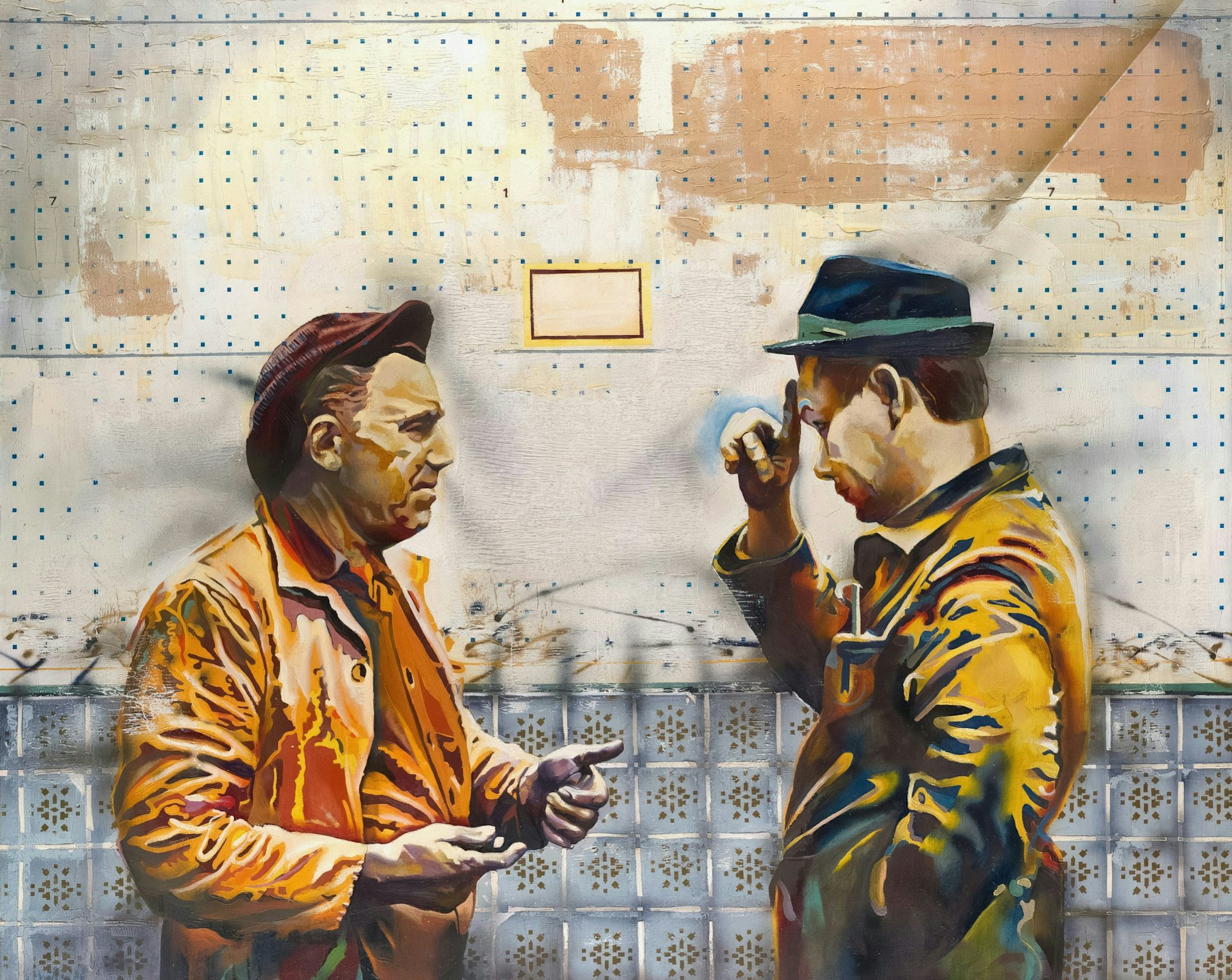 Karya seni grafiti yang menggambarkan dua pria berpakaian kerja sedang bercakap-cakap