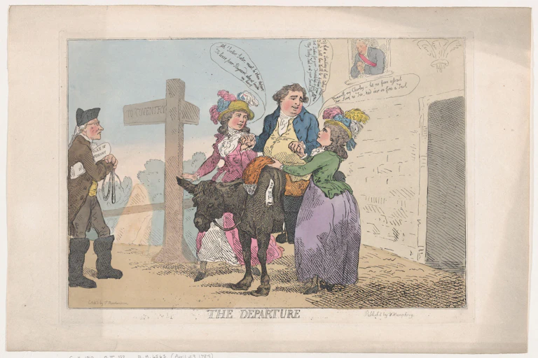 A hand-coloured etching depicting a man on a horse flanked by a man and a woman.