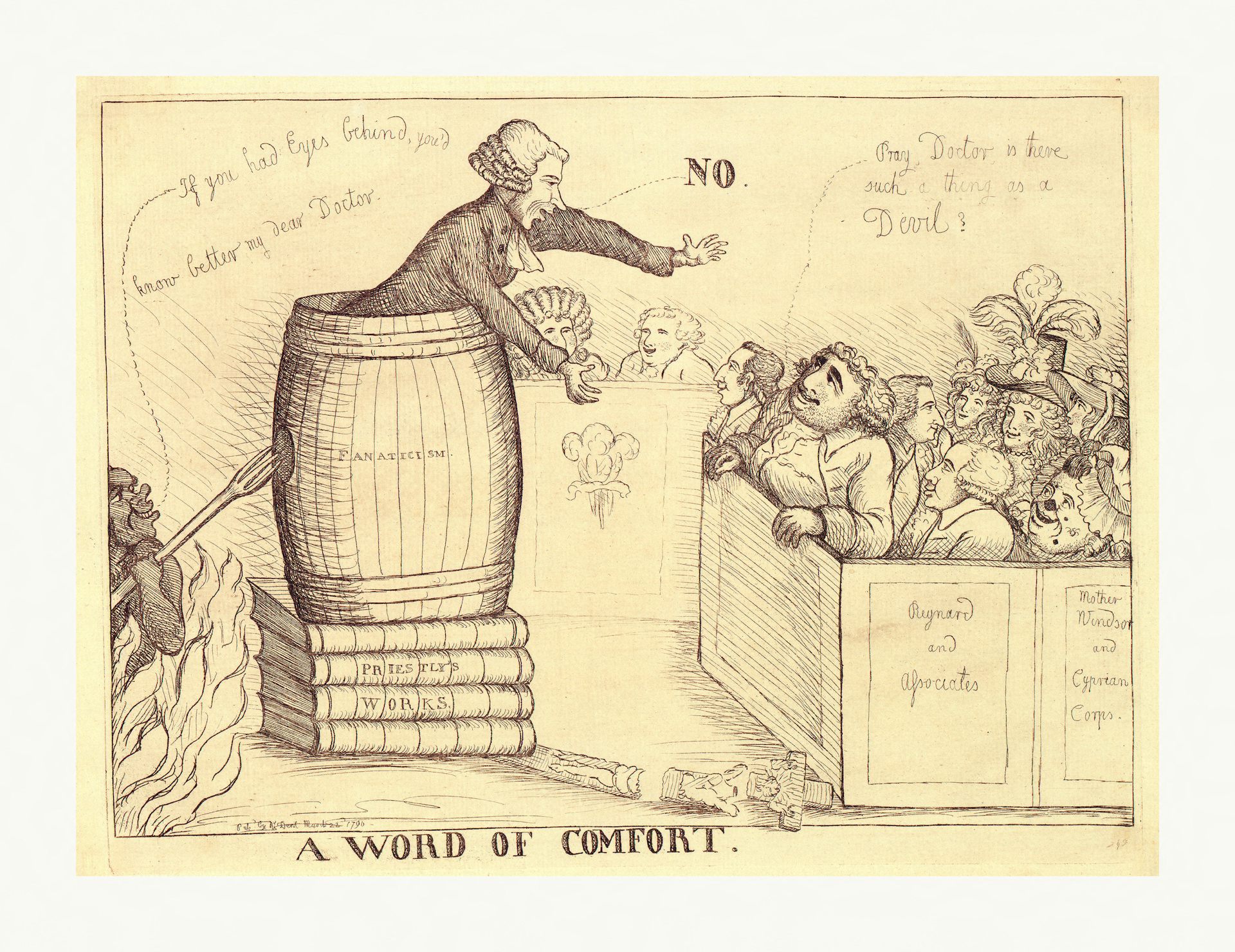 An engraving depicting Charles Fox speaking from inside a barrel to a group of people.