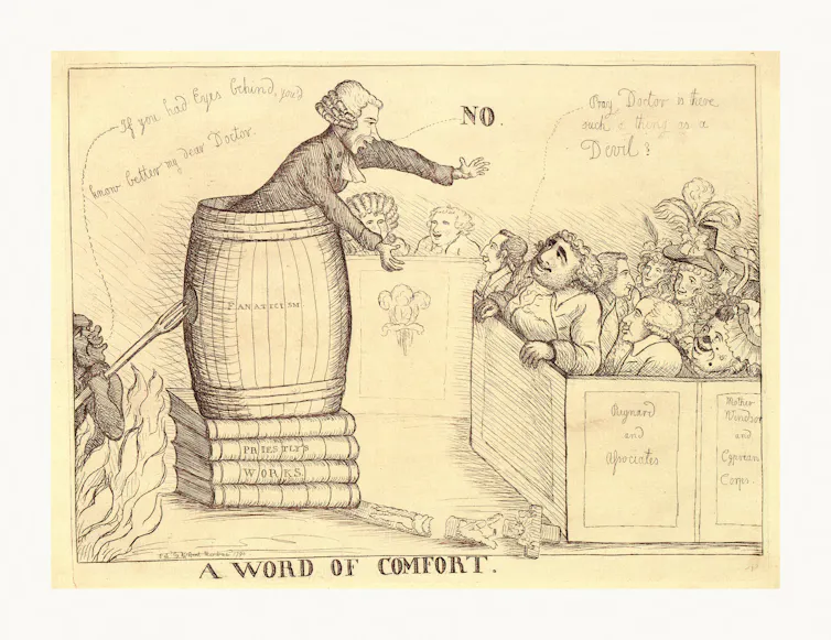 An engraving depicting Charles Fox speaking from inside a barrel to a group of people.