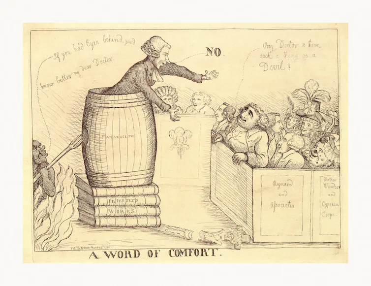 An engraving depicting Charles Fox speaking from inside a barrel to a group of people.