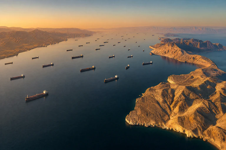 Vista aéreas de petroleros navegando por un estrecho de Ormuz.