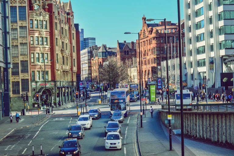 A queue of vehicles in central Manchester.