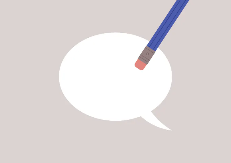 A blue pencil is positioned over a white, empty speech bubble.