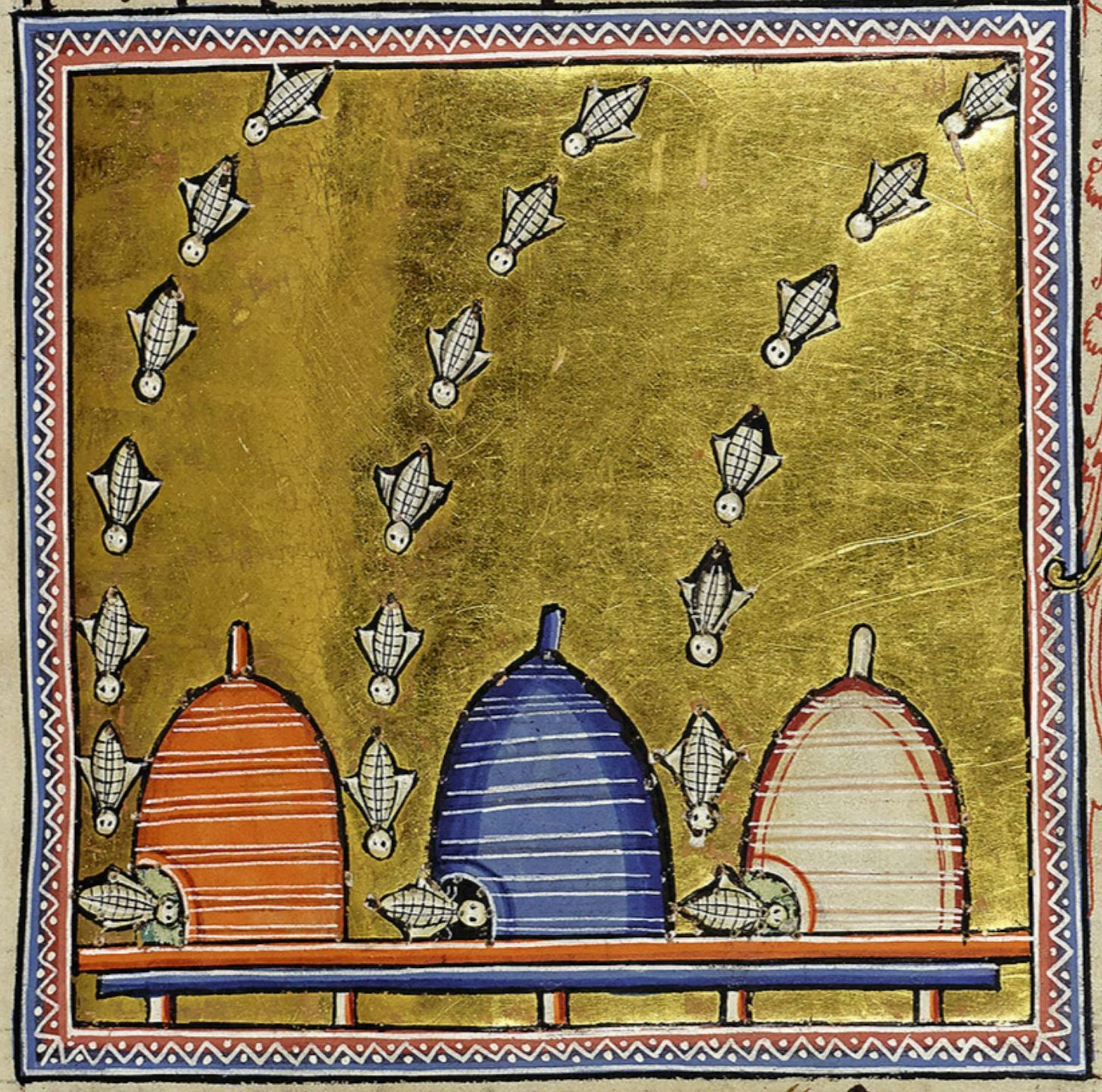 Gold-adorned illustration of bees flying into their hives