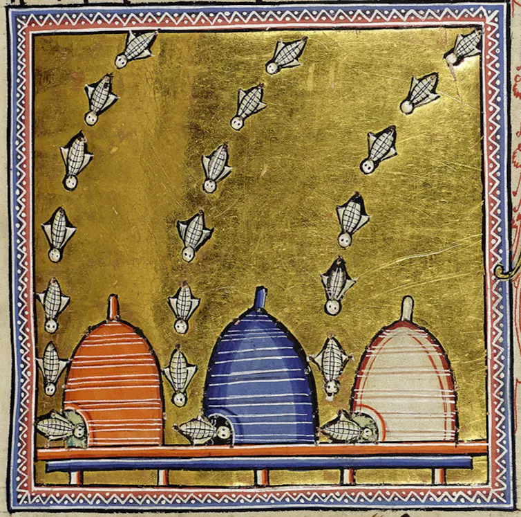 Gold-adorned illustration of bees flying into their hives