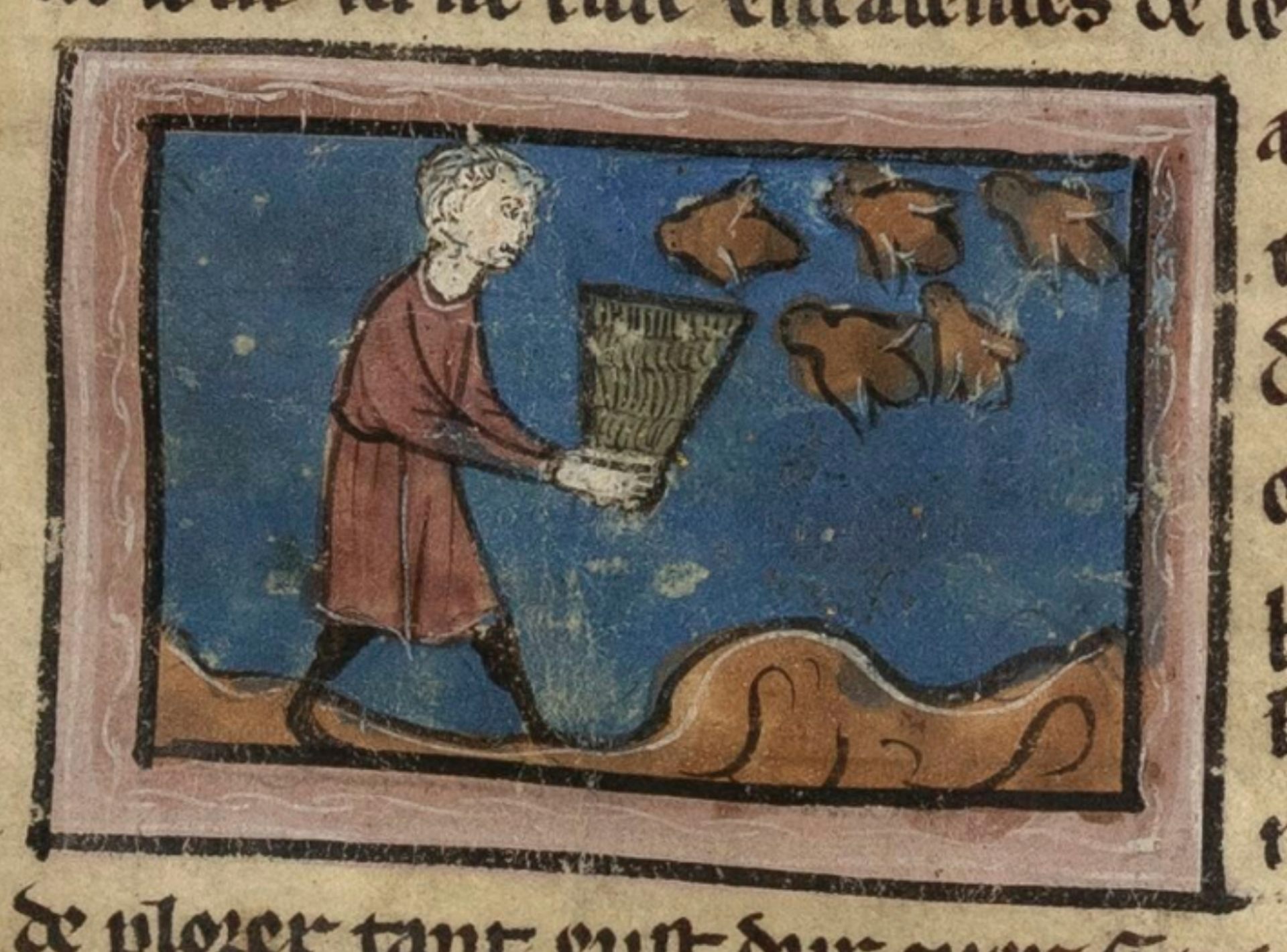 Illustration of a man trying to catch very large bees in a basket