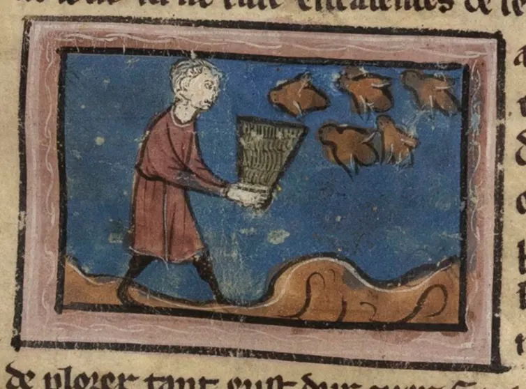 Illustration of a man trying to catch very large bees in a basket