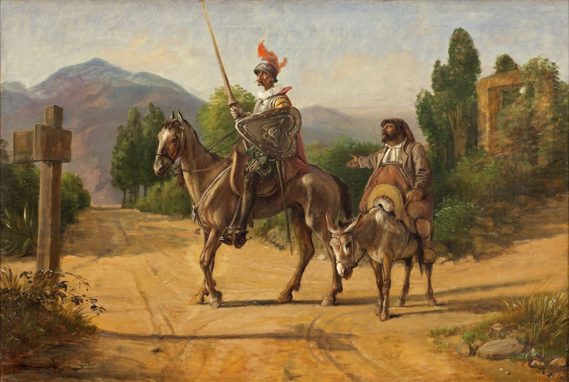 Pintura donde aparecen Don Quijote y Sancho conversando.