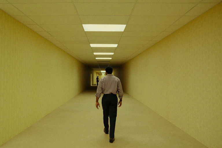 A man walking down a yellow corridor.