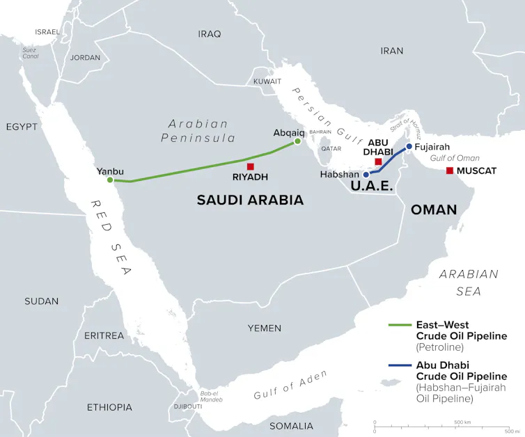 A map showing pipelines in Saudi Arabia and the United Emirates that bypass the Strait of Hormuz.