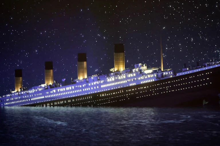 A large boat sinking against a star-filled sky