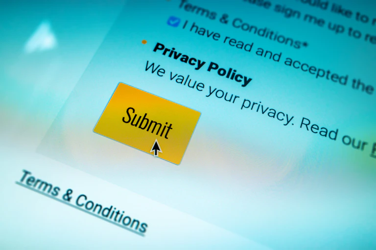 Close up of a privacy policy computer screen with a cursor arrow on the submit button